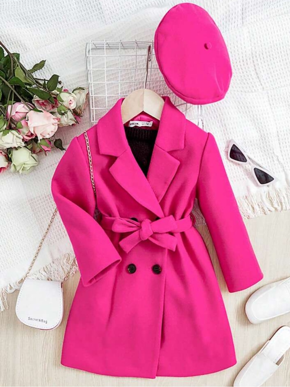 Girls Hot Pink Belted Wool-Blend Coat with Hat